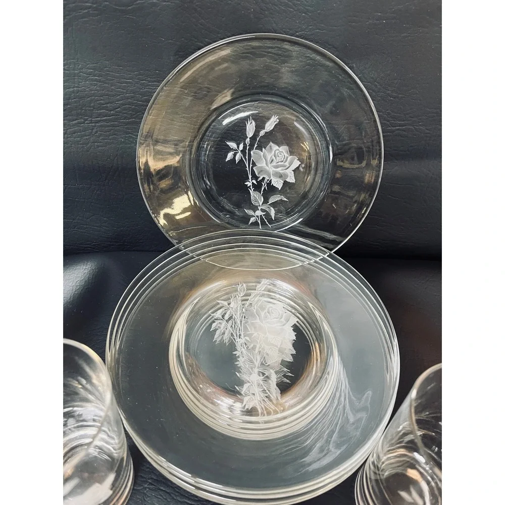 Vtg Federal Glass 60s Etched Rose Clear Glass Tumblers Luncheon Plates MCM Set 6